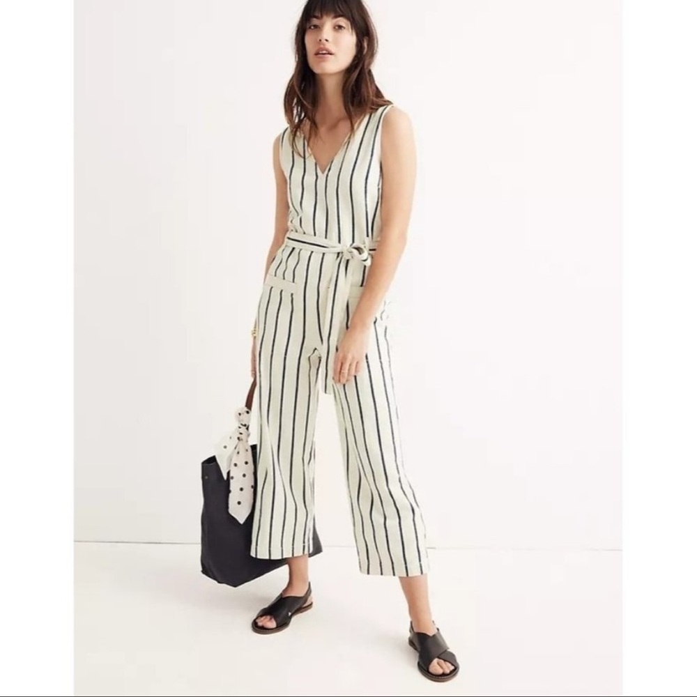 Madewell Size M Striped Jumpsuit Cropped Linen Blend Waist Tie Side Zip